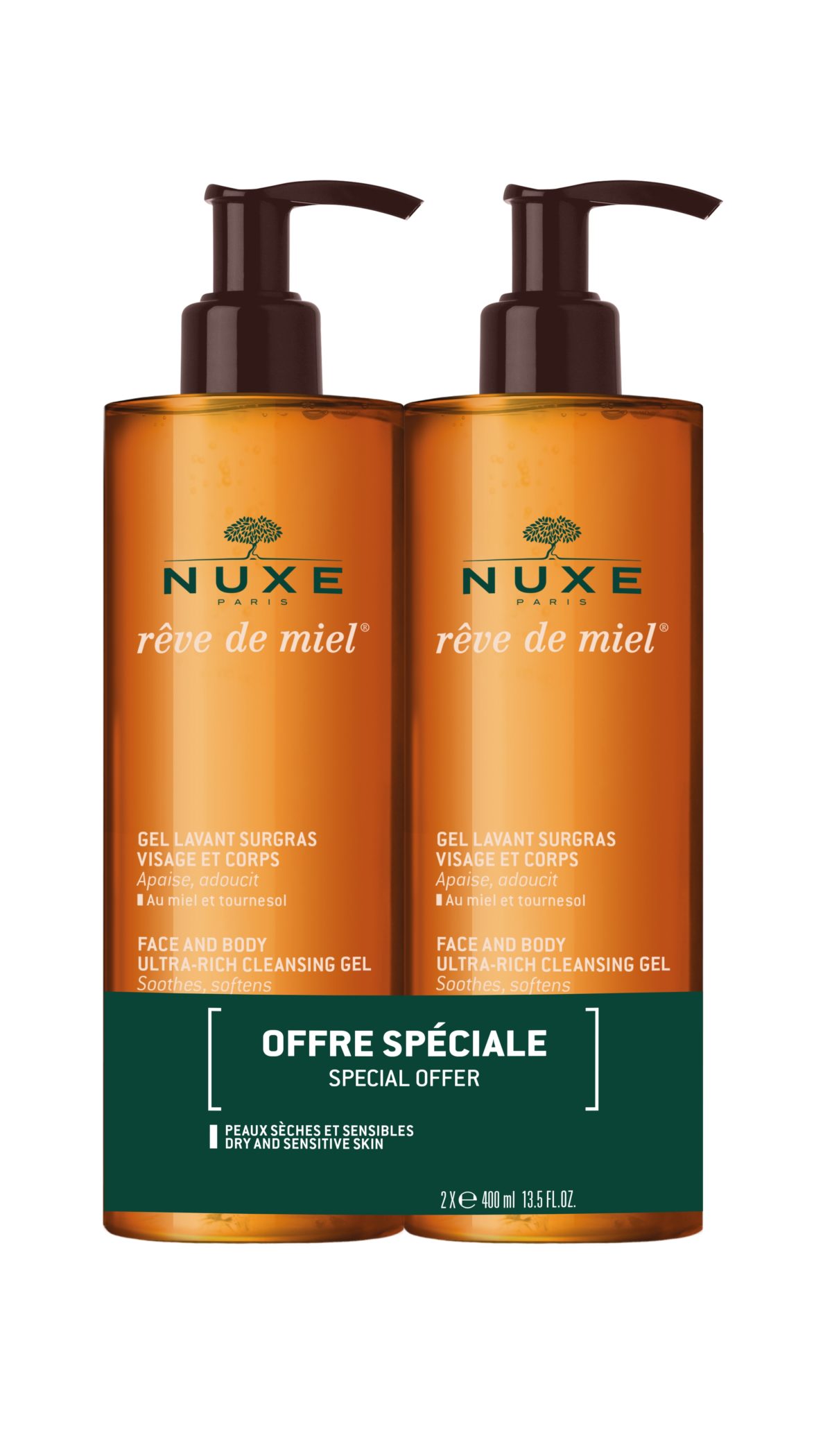 Nuxe Reve de Miel Face and body ultra rich cleansing gel duo 400 ml + 400 ml